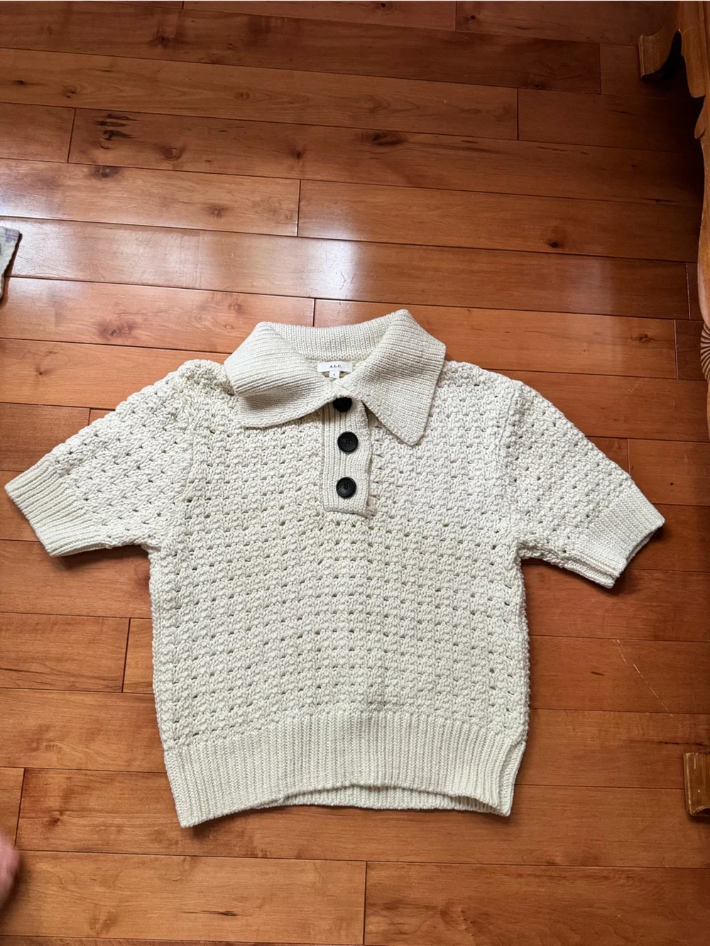 A.L.C. Cream Knit Short-Sleeve Polo Sweater with Button Placket